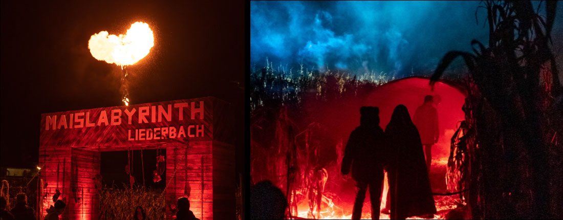 Feuershow am Eingang vom Horrorlabyrinth vom Maislabyrinth Liederbach